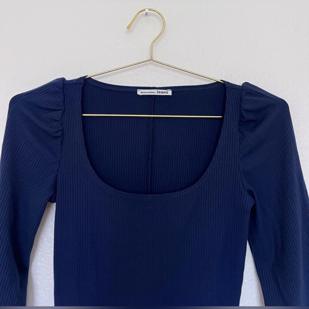 Reformation Navy long sleeves ribbed puff sleeve linah dress size Small - Picture 5 of 7